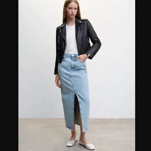 Mango MNG Women's Medium Wash Slit Denim Straight Maxi Skirt Timeless Size S